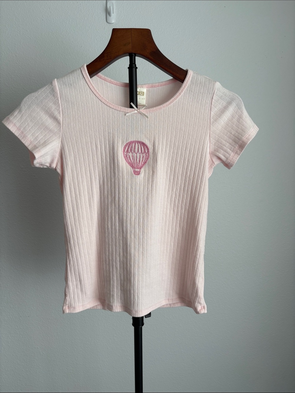 Wicked Light Pink Ribbed Short-Sleeve Tee with Hot Air Balloon Detail